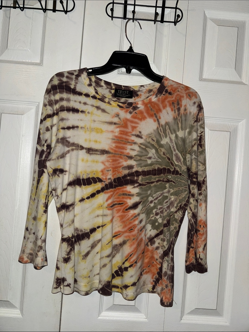 Tryst Tie-Dye Long Sleeve Top in Olive, Rust, Yellow and Brown